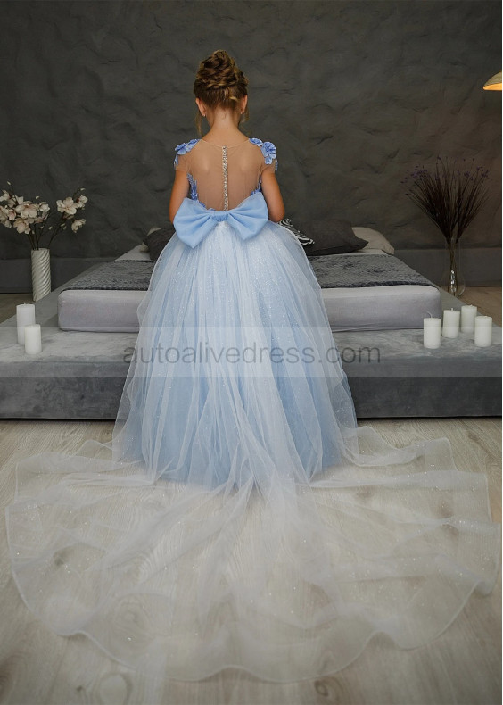 Blue Beaded 3D Flowers Tulle Flower Girl Dress With Glitter Train